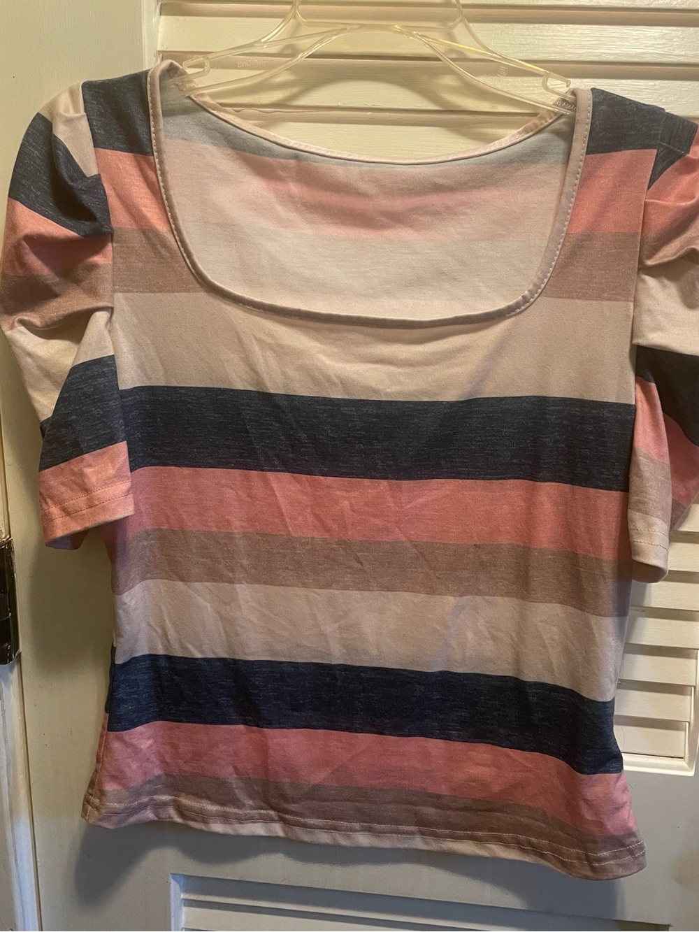 Striped Short-Sleeve Scoop Neck Tee in Pink, Navy & Cream
